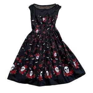 Hell Bunny Aconite Rockabilly Skull & Roses Midi Swing Dress Size XS